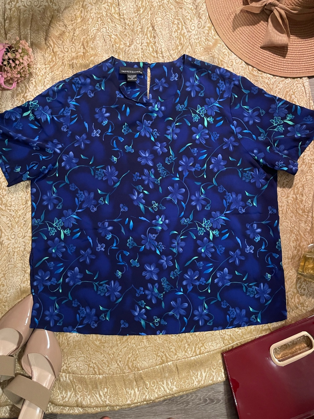 Impressions Navy and Teal Floral Blouse